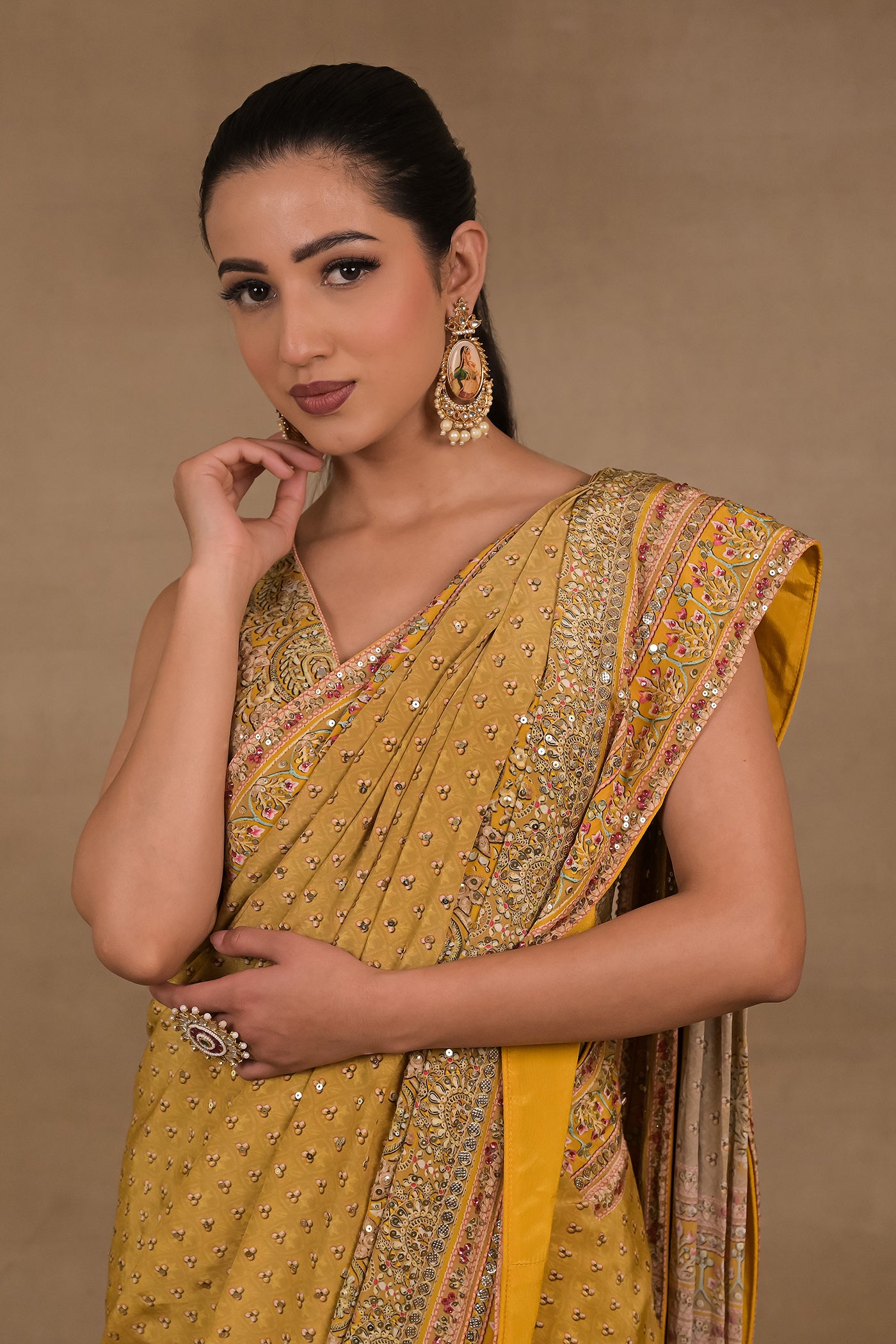 Mustard Meher Pre-Draped Saree Set