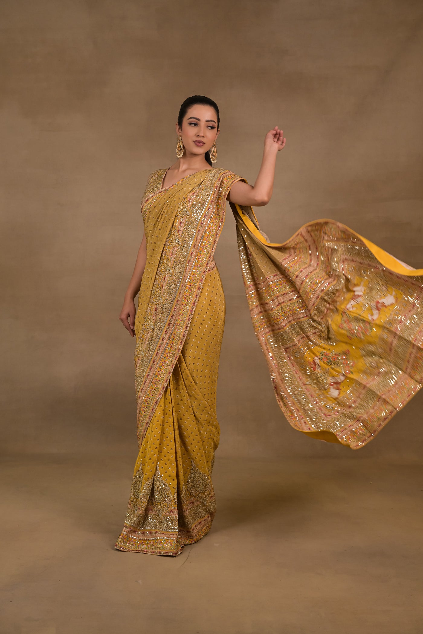 Mustard Meher Pre-Draped Saree Set