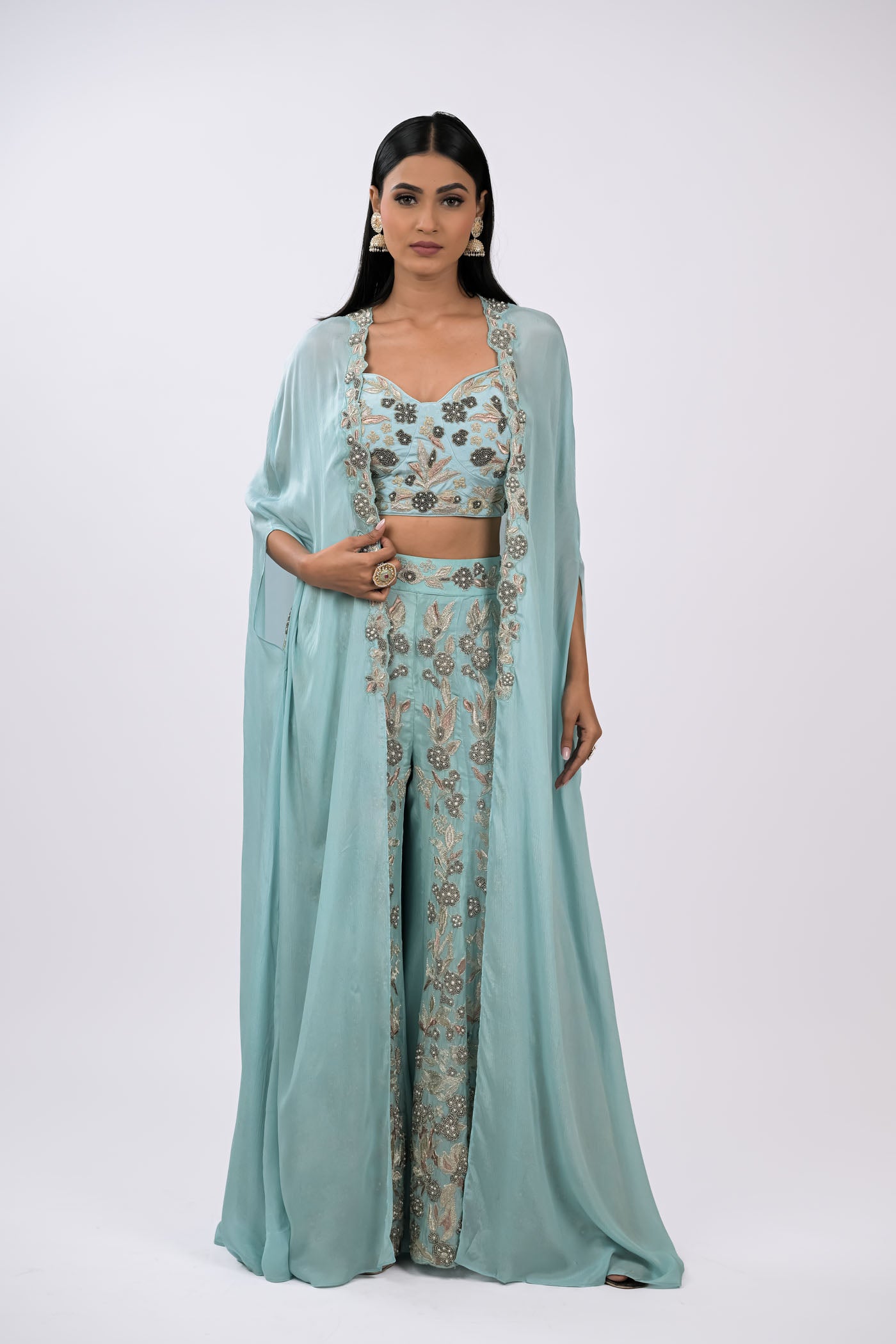 Aqua Mist Embroidered Cape Set