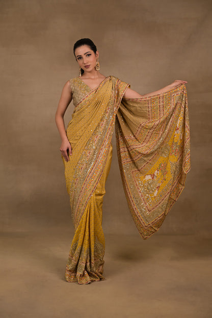 Mustard Meher Pre-Draped Saree Set
