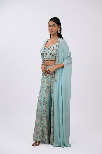 Aqua Mist Embroidered Cape Set