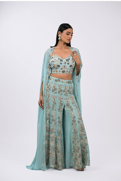 Aqua Mist Embroidered Cape Set