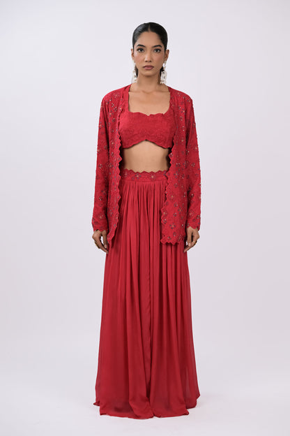 Wine Embroidered Jacket Set