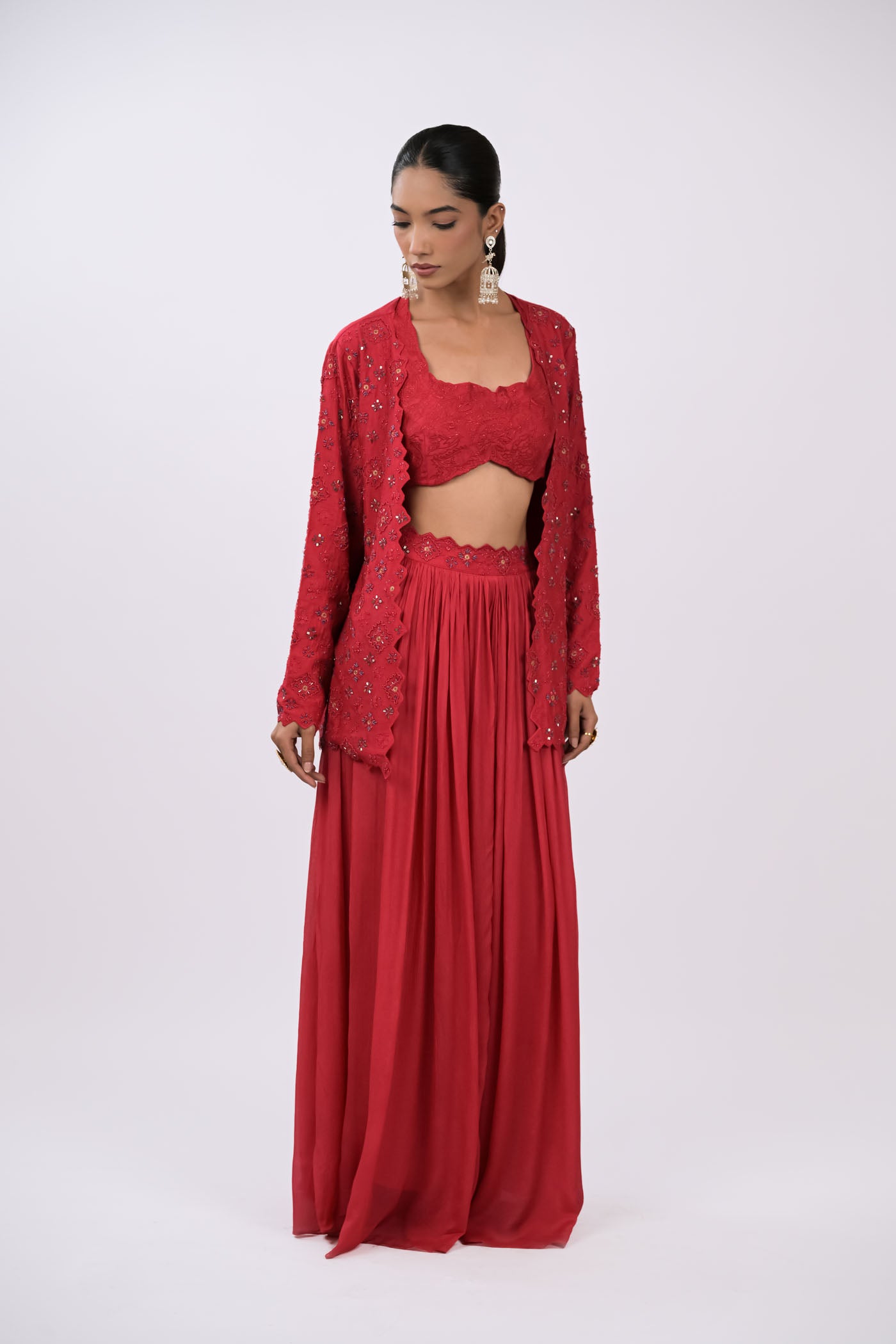 Wine Embroidered Jacket Set