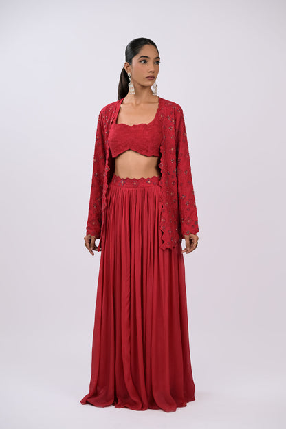 Wine Embroidered Jacket Set