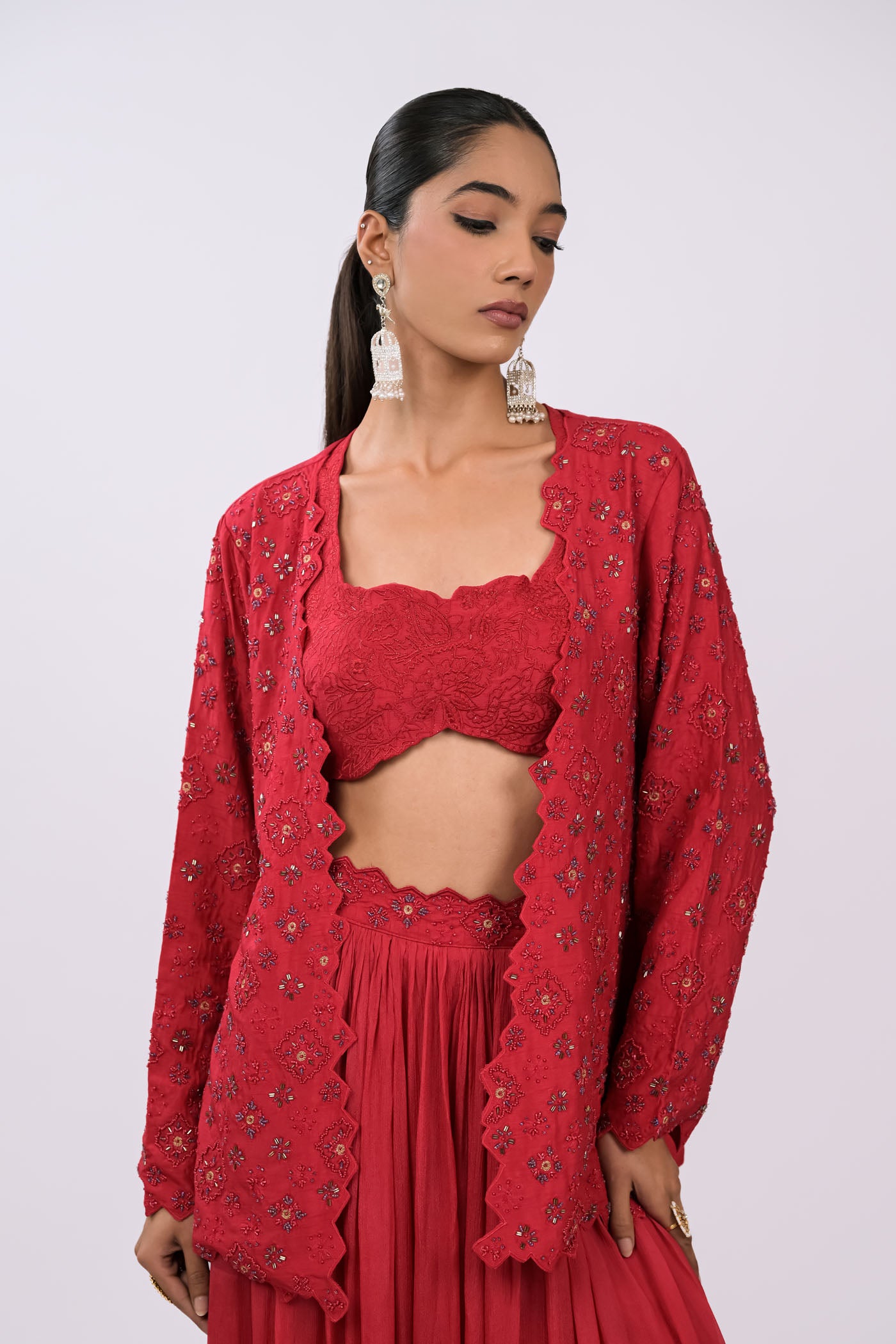 Wine Embroidered Jacket Set