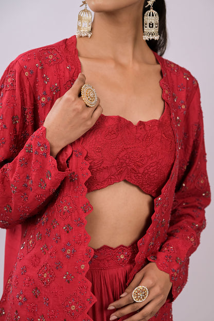 Wine Embroidered Jacket Set