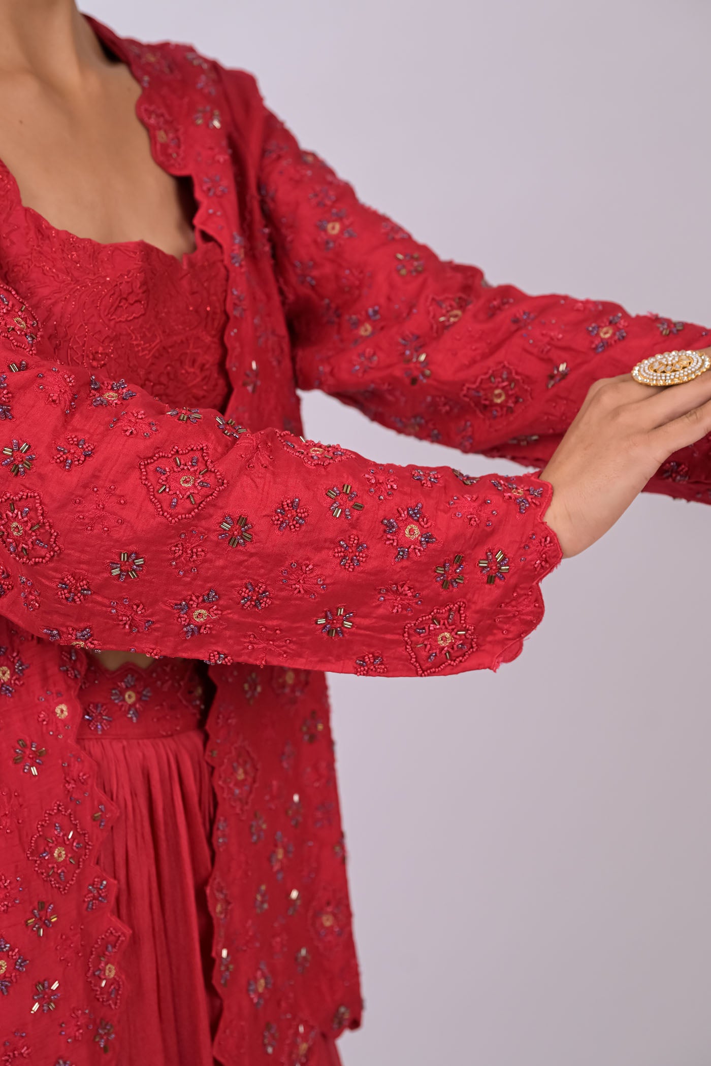 Wine Embroidered Jacket Set