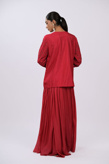 Wine Embroidered Jacket Set