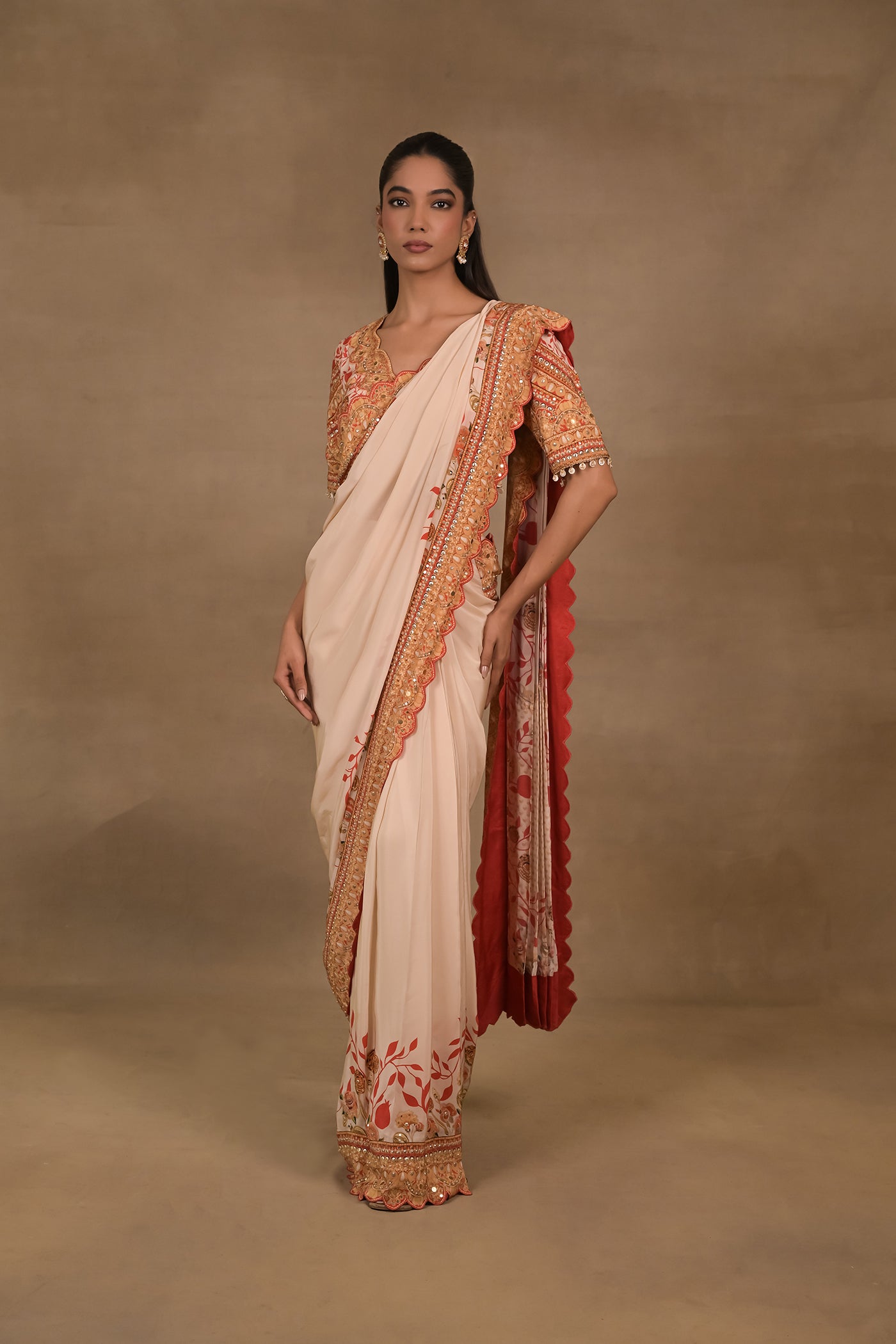 Ivory Scarlet Pre drapped saree Set