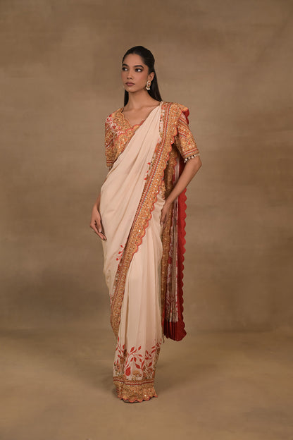 Ivory Scarlet Pre drapped saree Set
