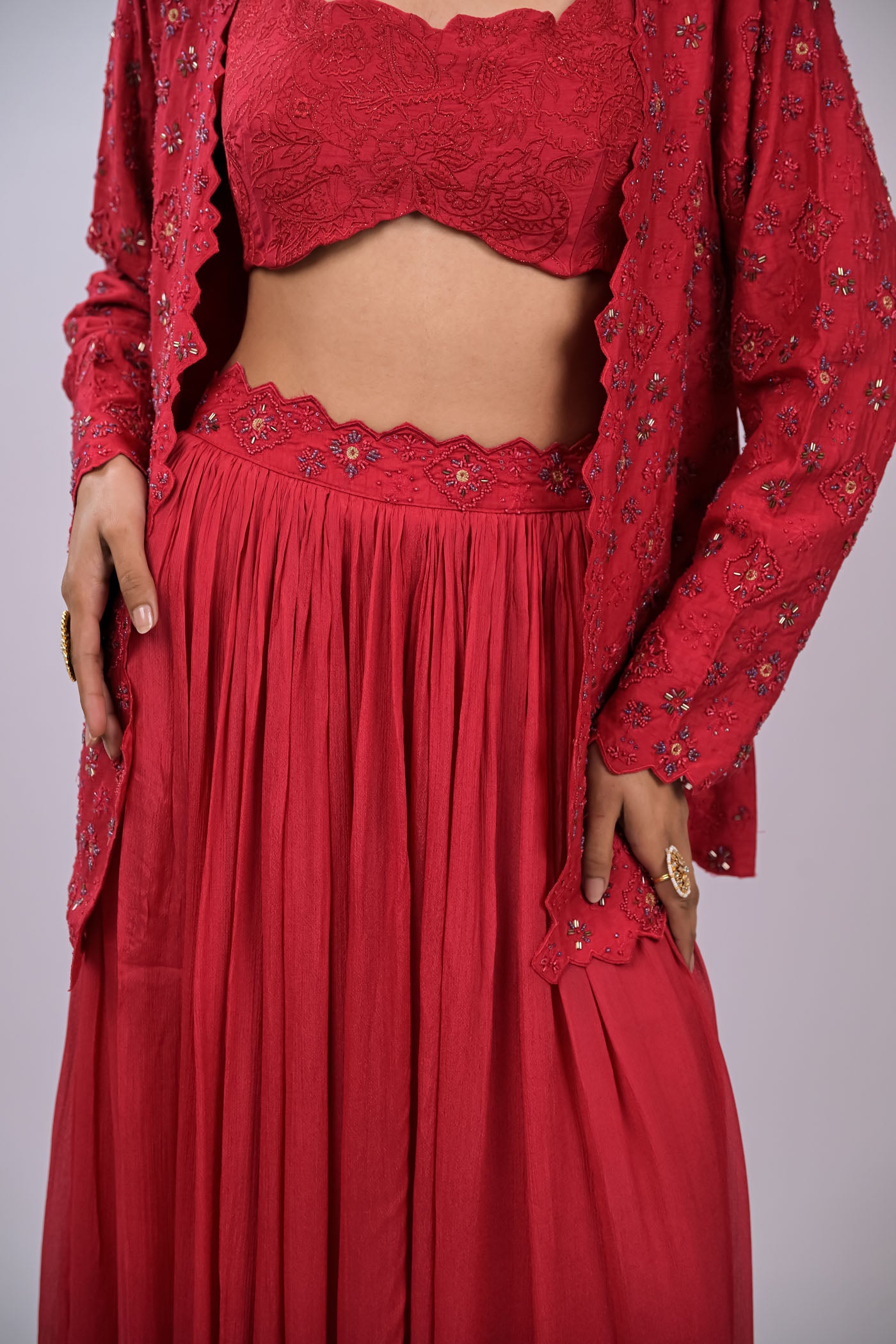 Wine Embroidered Jacket Set