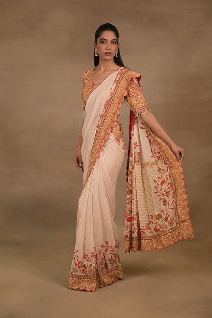 Ivory Scarlet Pre drapped saree Set