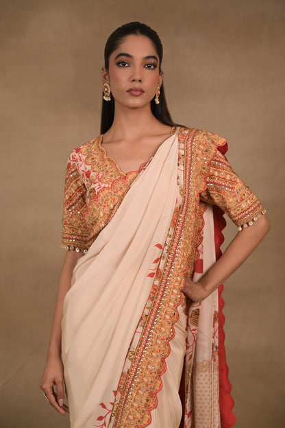 Ivory Scarlet Pre drapped saree Set