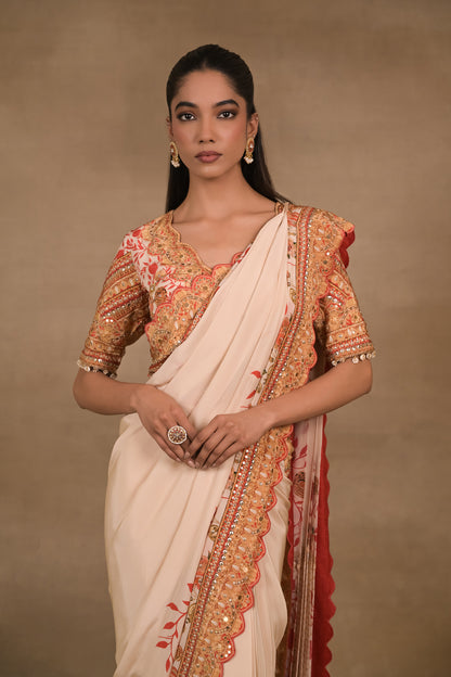 Ivory Scarlet Pre drapped saree Set