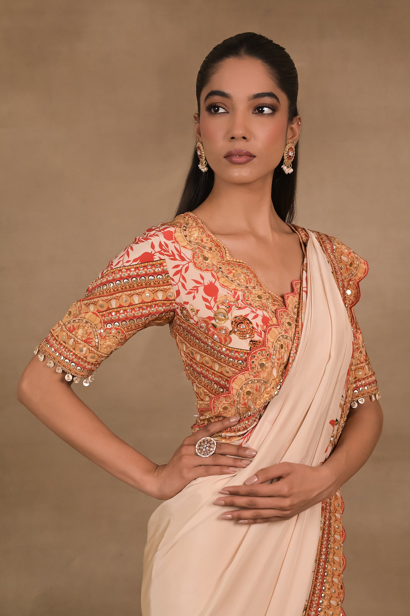 Ivory Scarlet Pre drapped saree Set