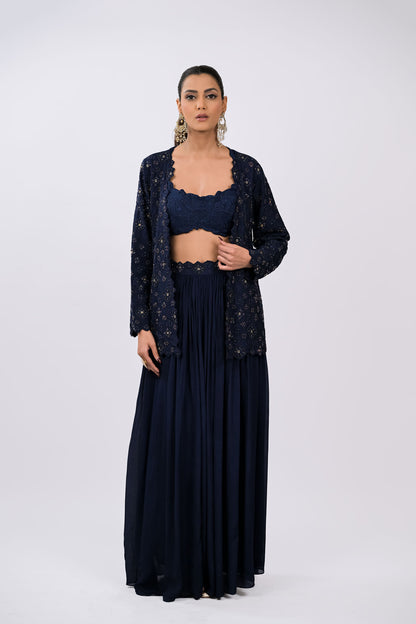 Navy Embroidered Jacket Set