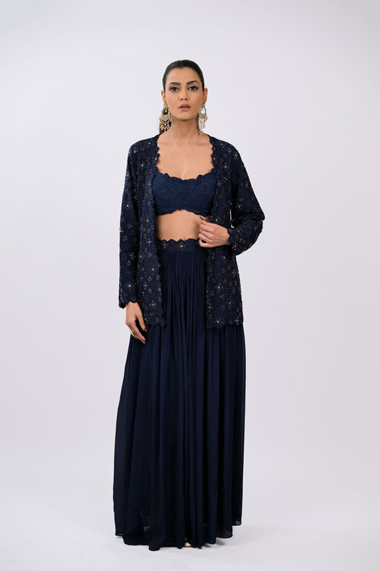 Navy Embroidered Jacket Set