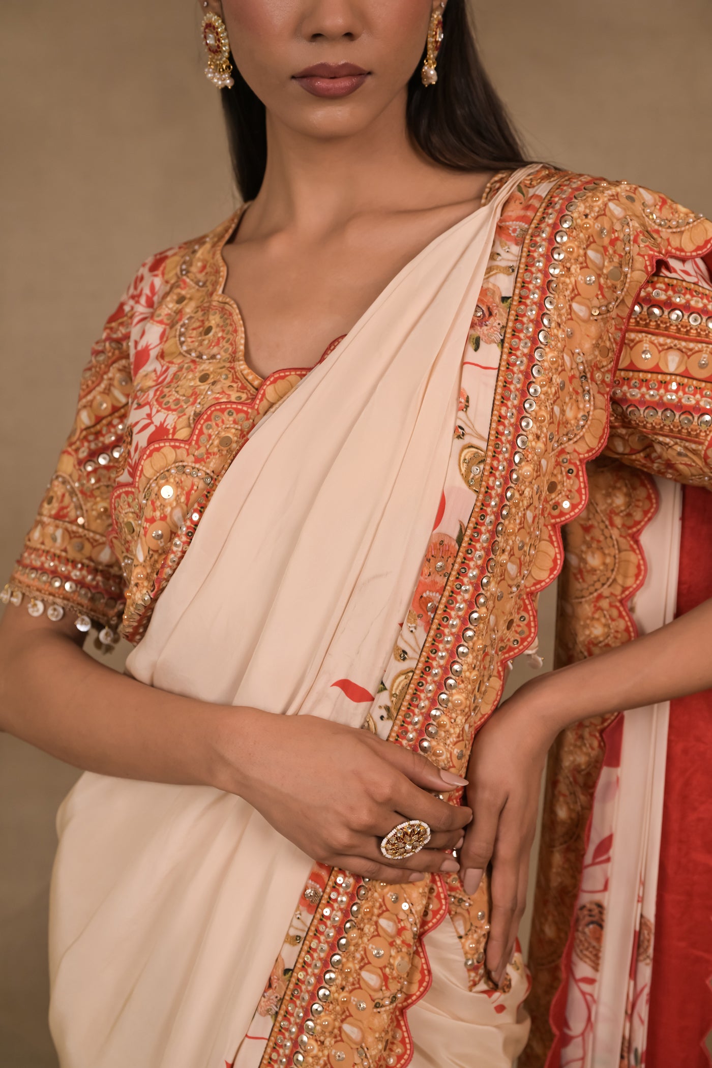 Ivory Scarlet Pre drapped saree Set