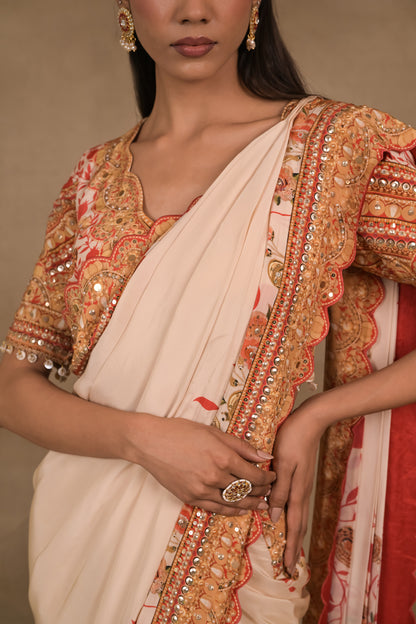 Ivory Scarlet Pre drapped saree Set