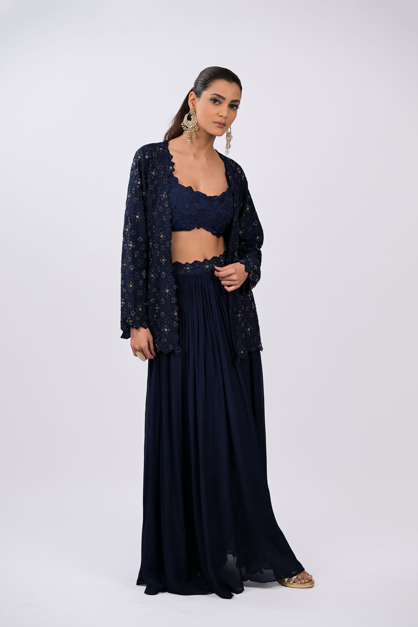 Navy Embroidered Jacket Set