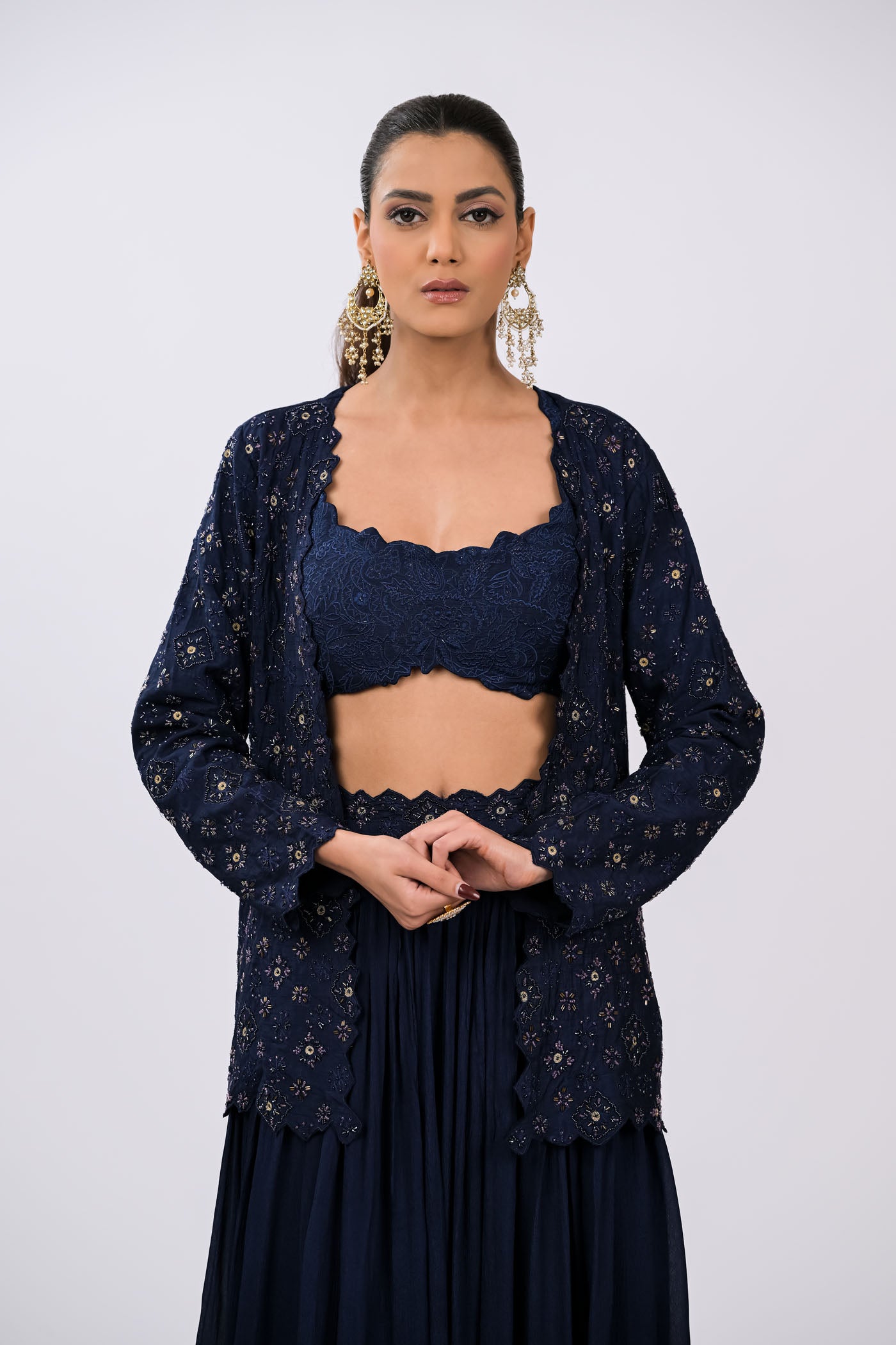 Navy Embroidered Jacket Set
