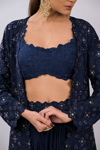 Navy Embroidered Jacket Set