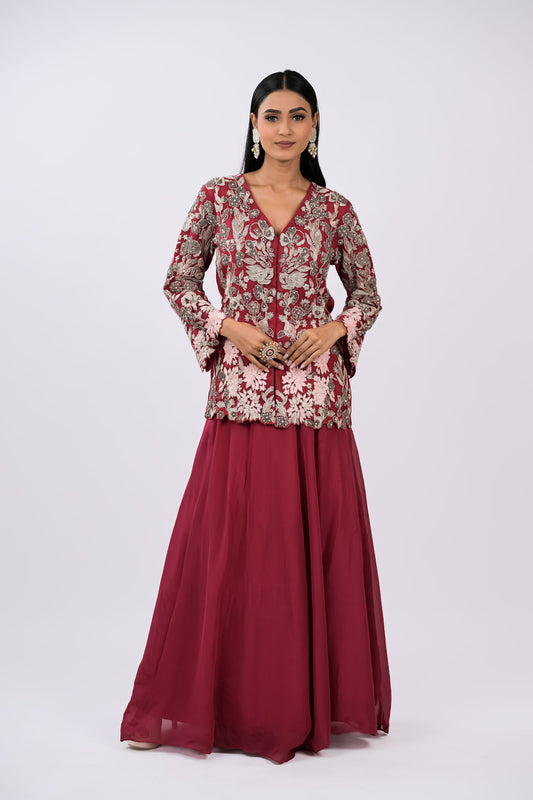 Wine Embroidered Jacket Set