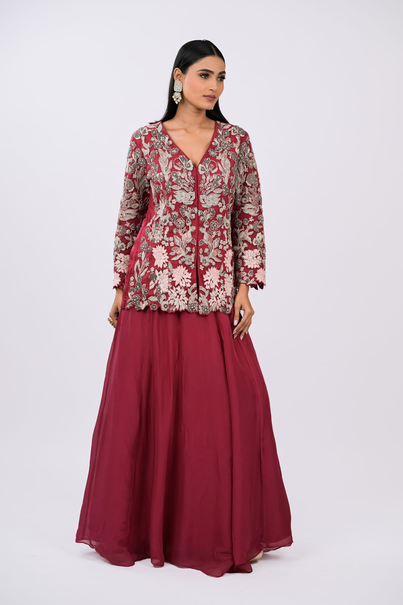 Wine Embroidered Jacket Set