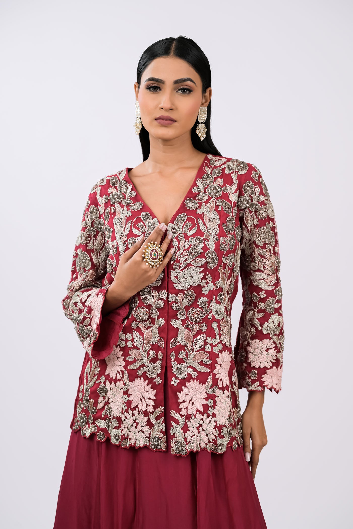 Wine Embroidered Jacket Set