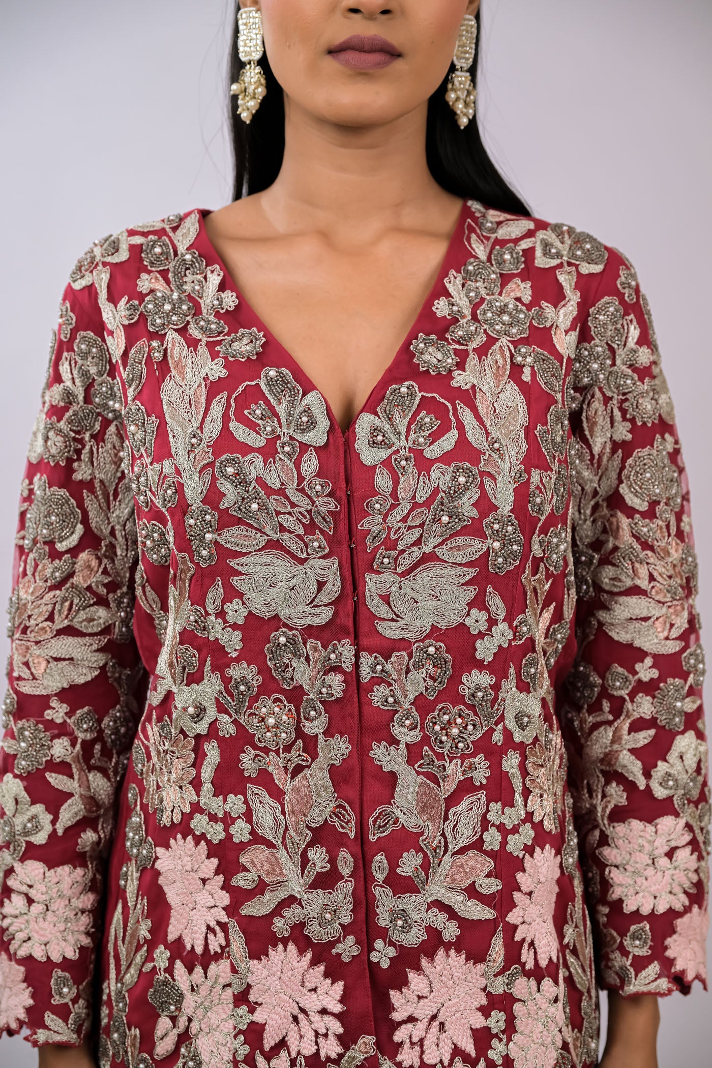 Wine Embroidered Jacket Set