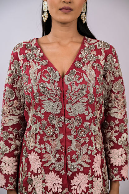 Wine Embroidered Jacket Set