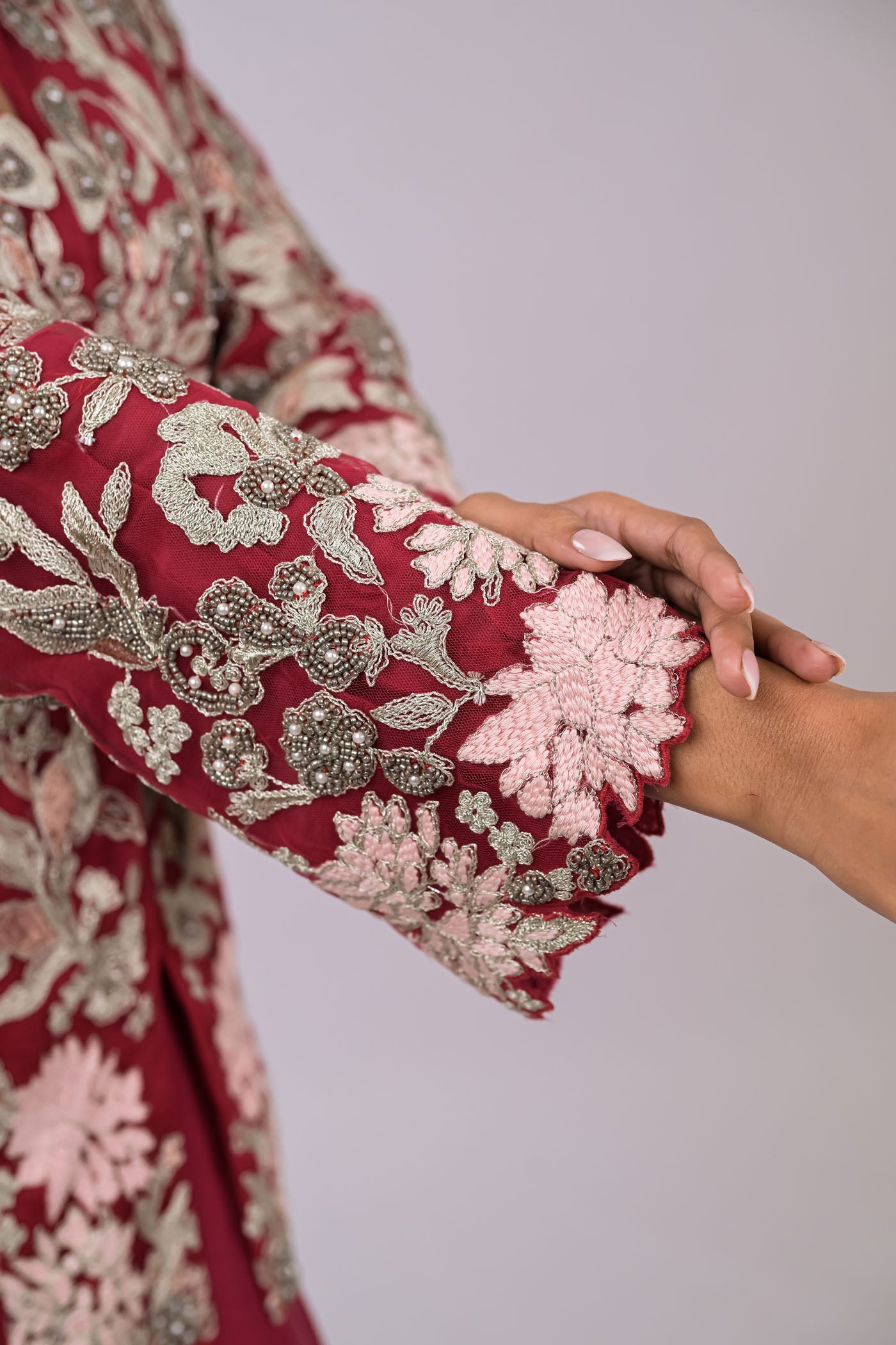 Wine Embroidered Jacket Set