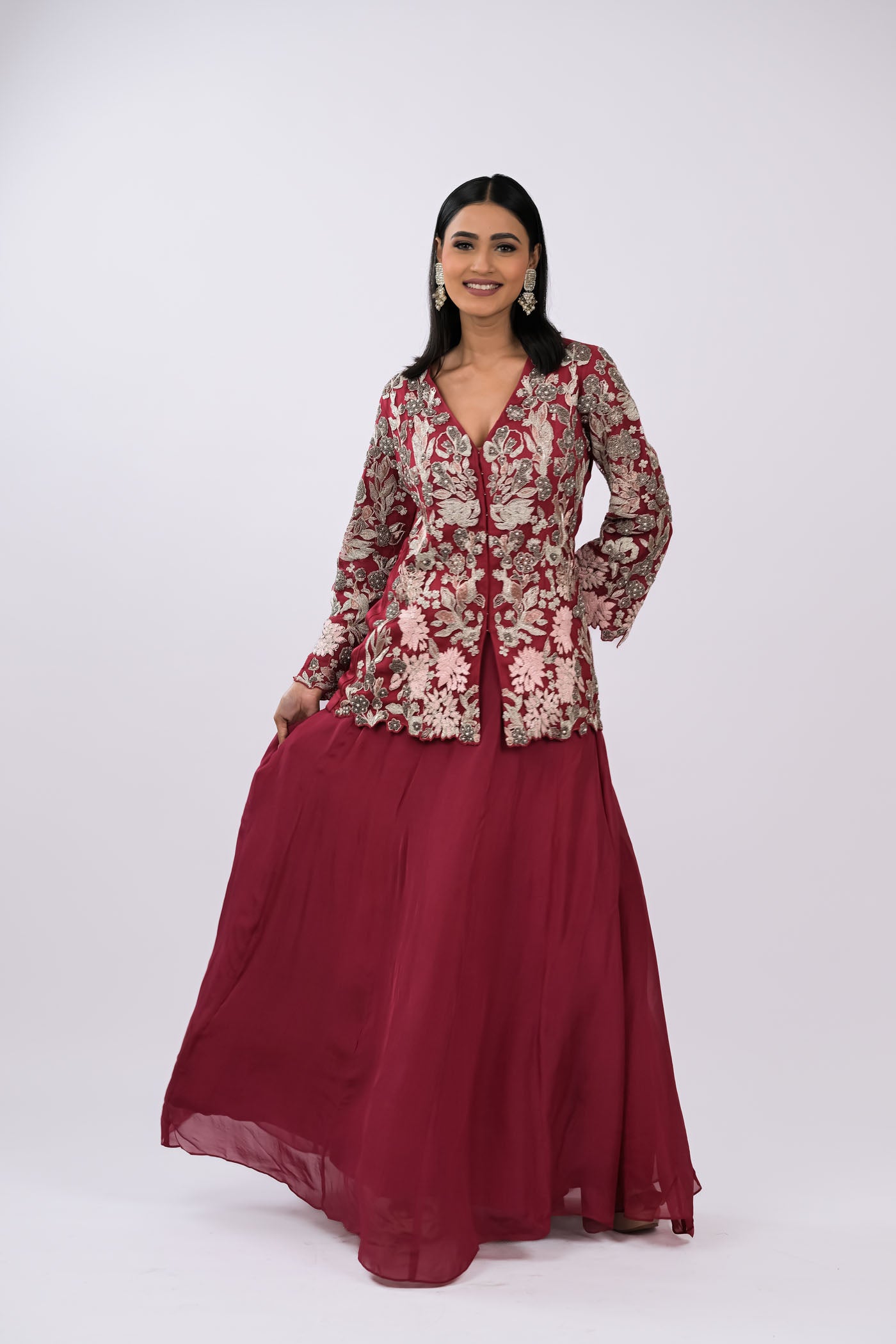 Wine Embroidered Jacket Set