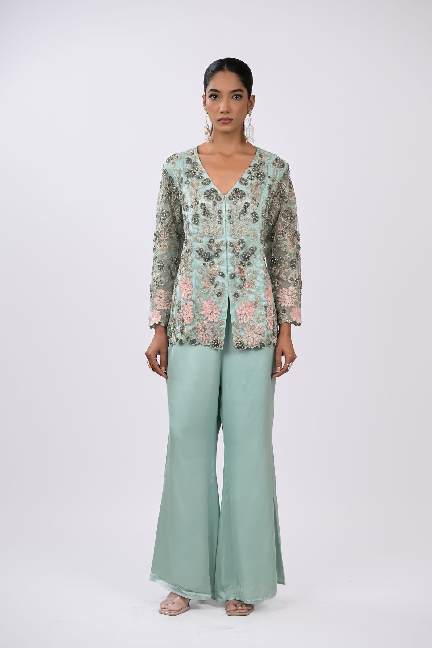Mint Green Embroidered Jacket Set