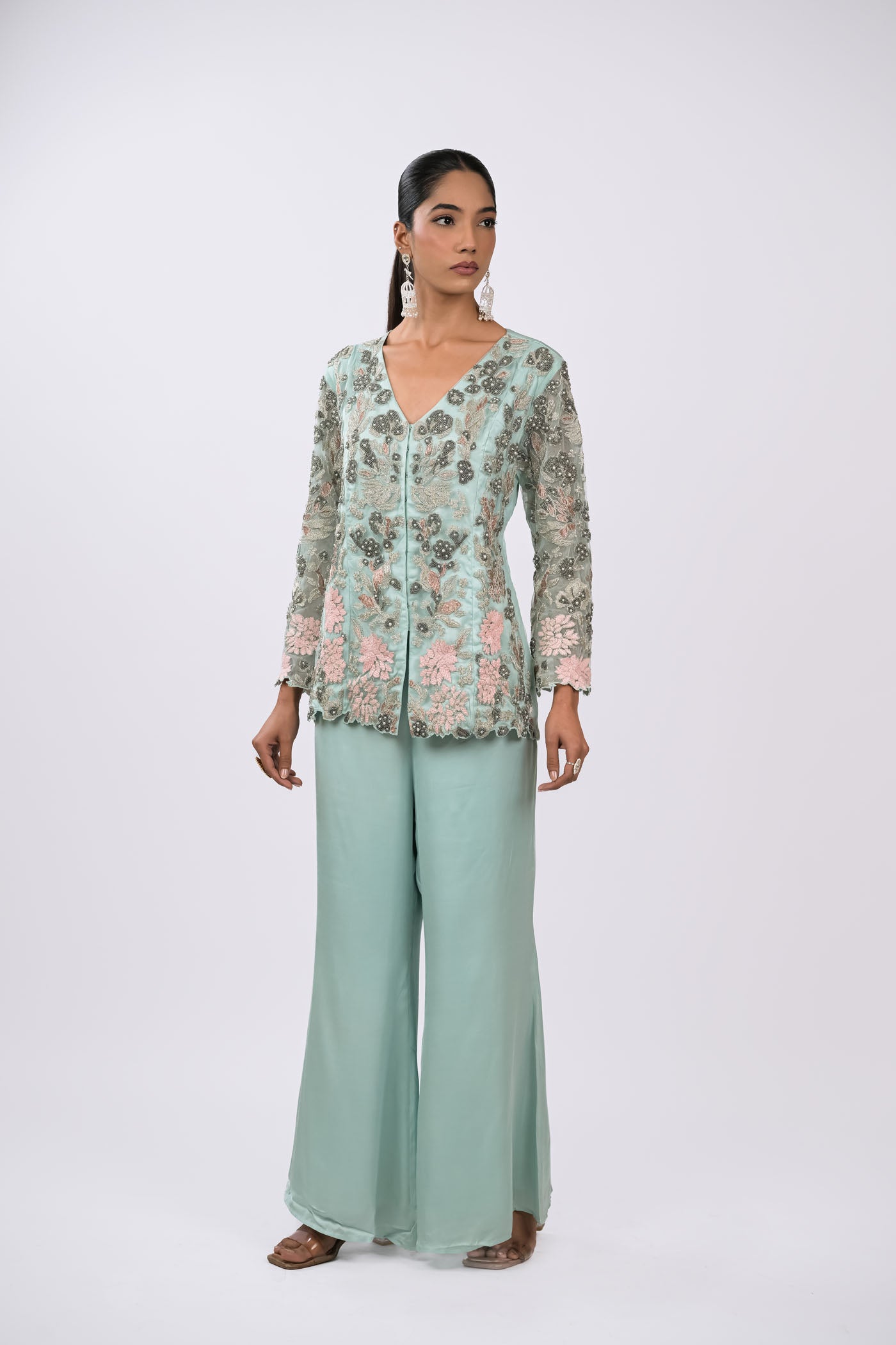 Mint Green Embroidered Jacket Set
