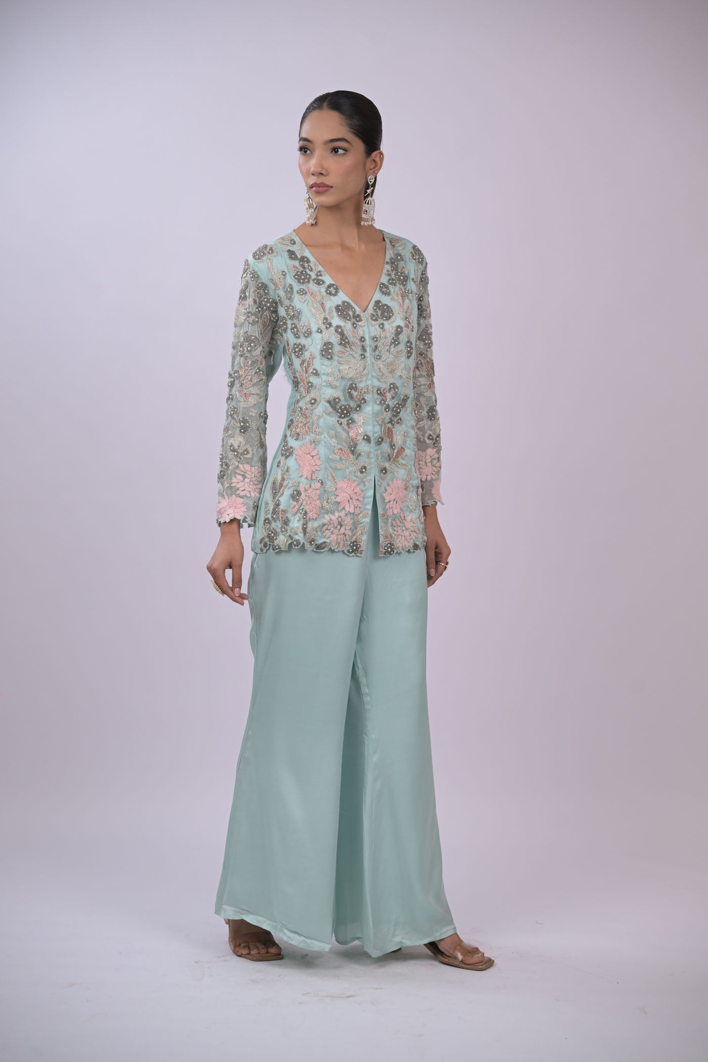 Mint Green Embroidered Jacket Set