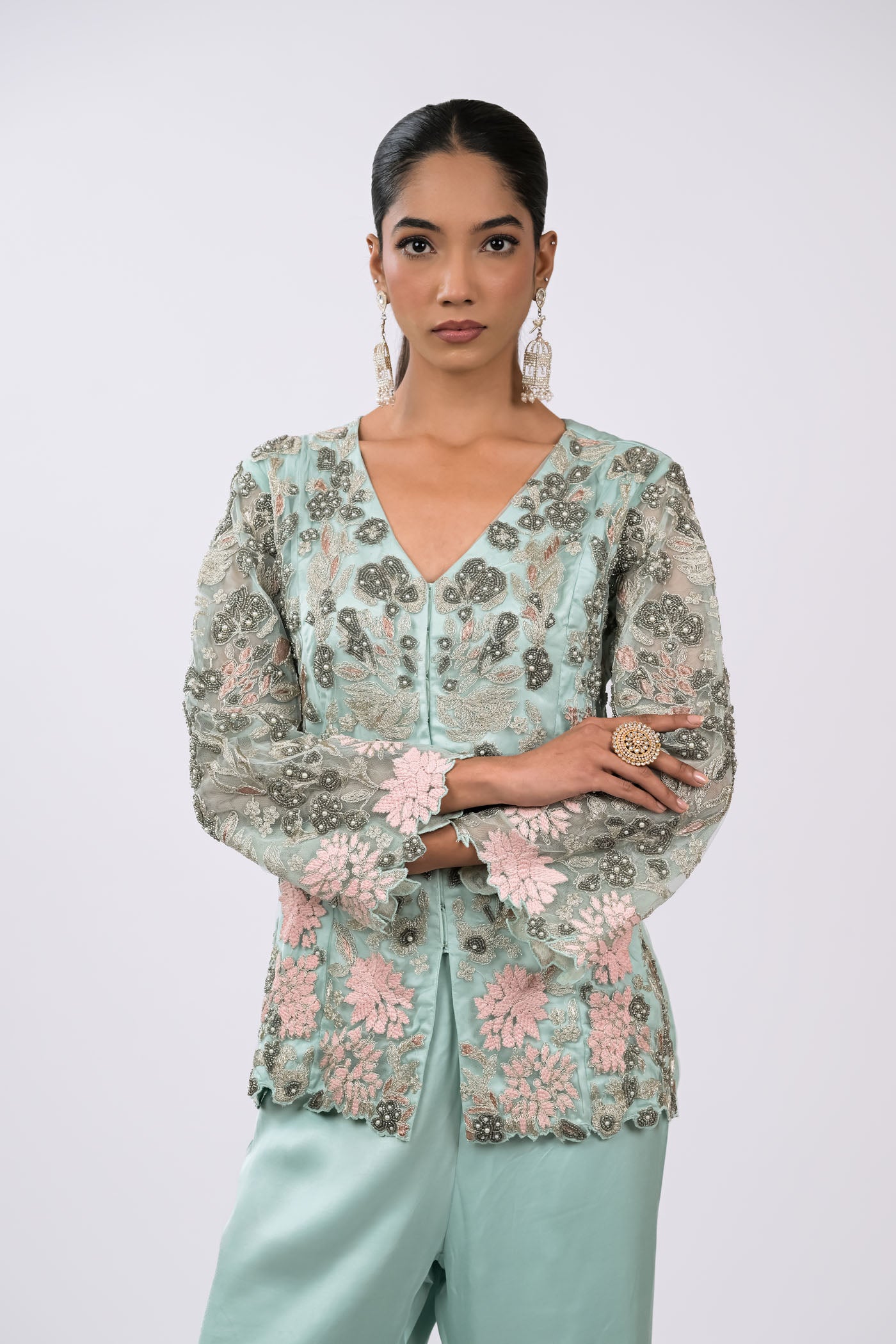 Mint Green Embroidered Jacket Set