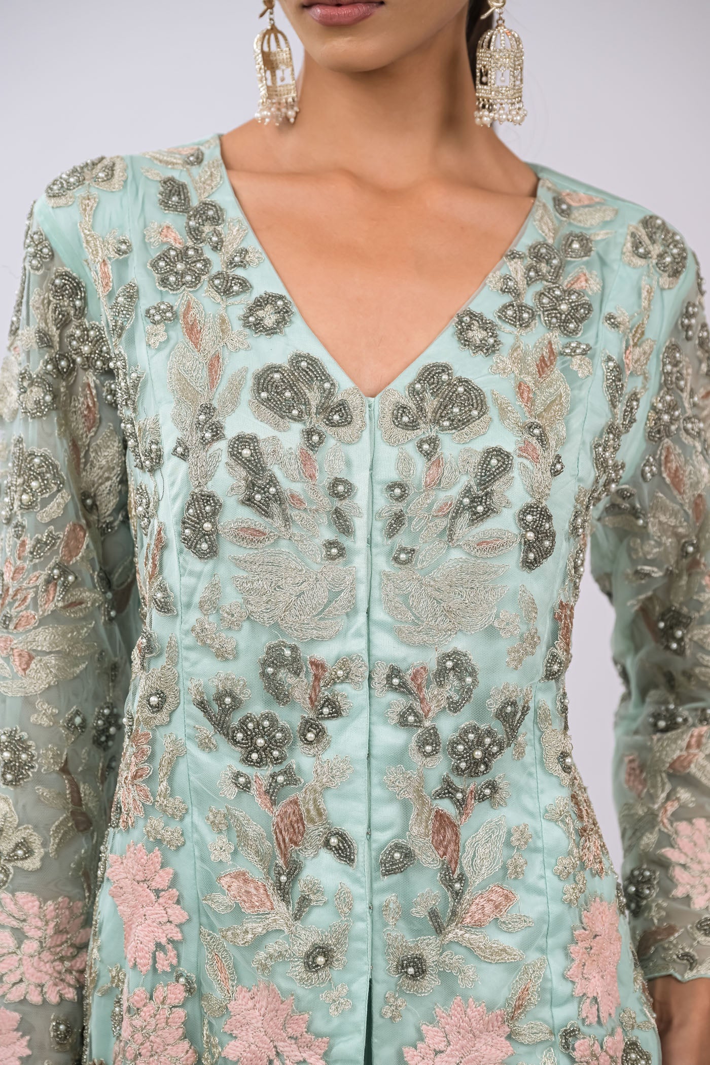 Mint Green Embroidered Jacket Set