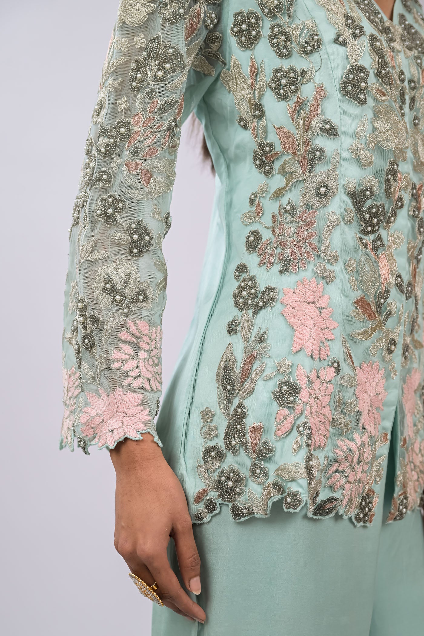 Mint Green Embroidered Jacket Set