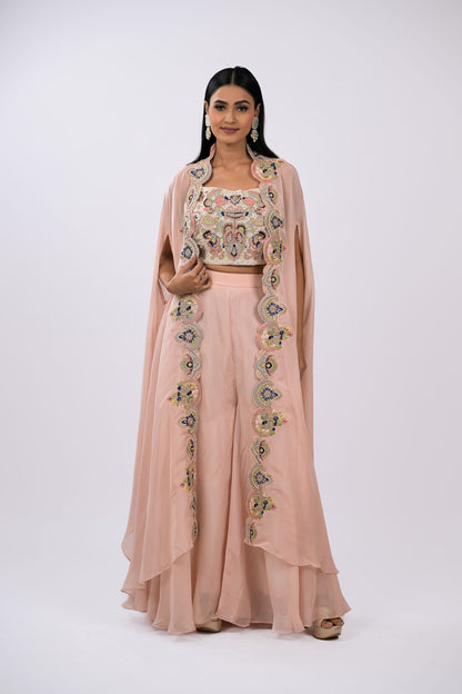 Blush Rose Embroidered Cape Set