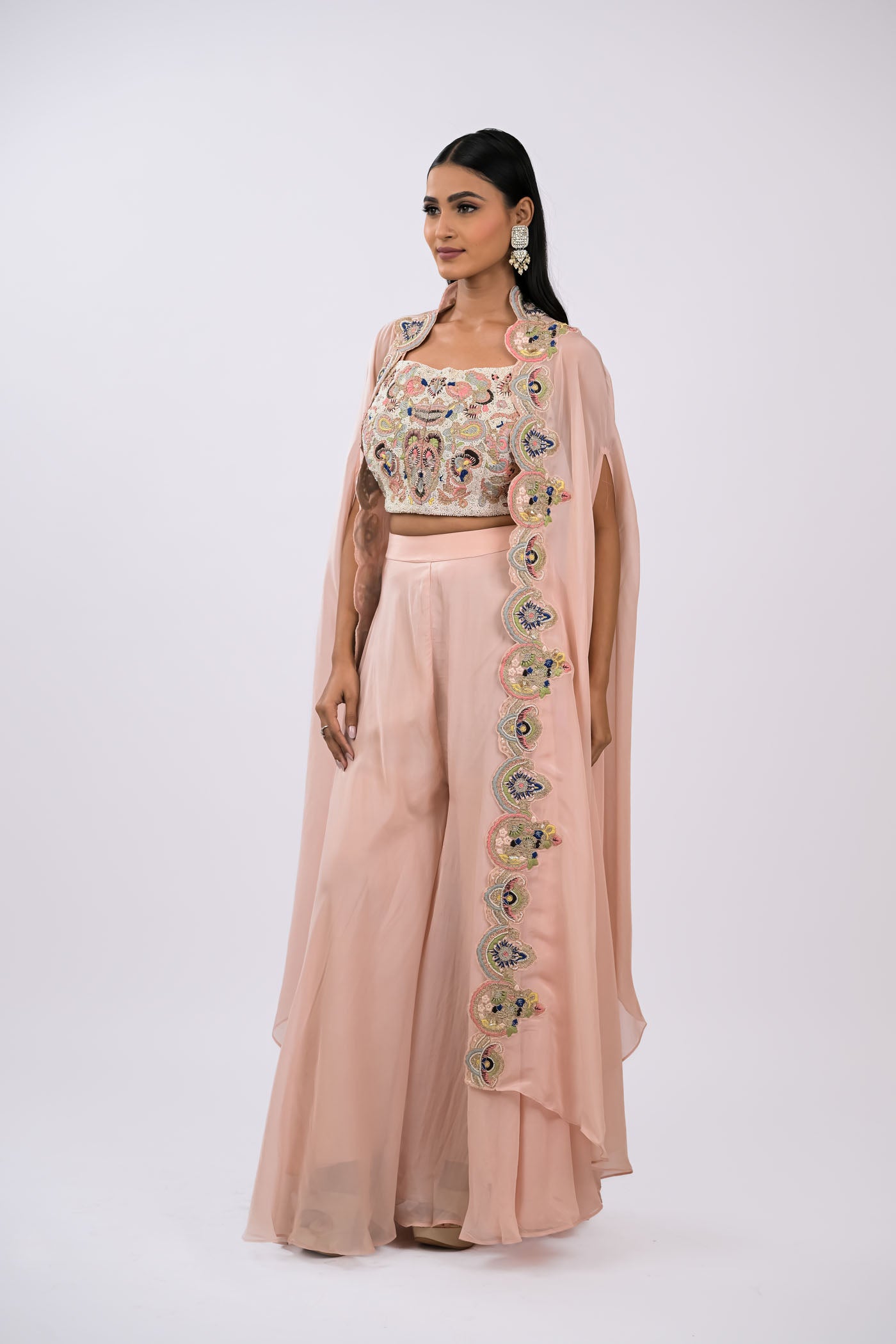 Blush Rose Embroidered Cape Set