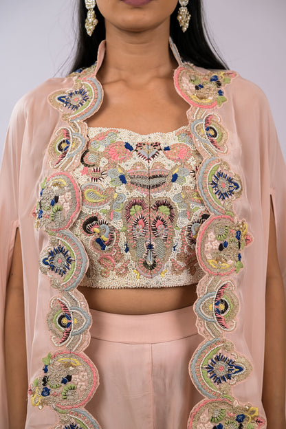 Blush Rose Embroidered Cape Set