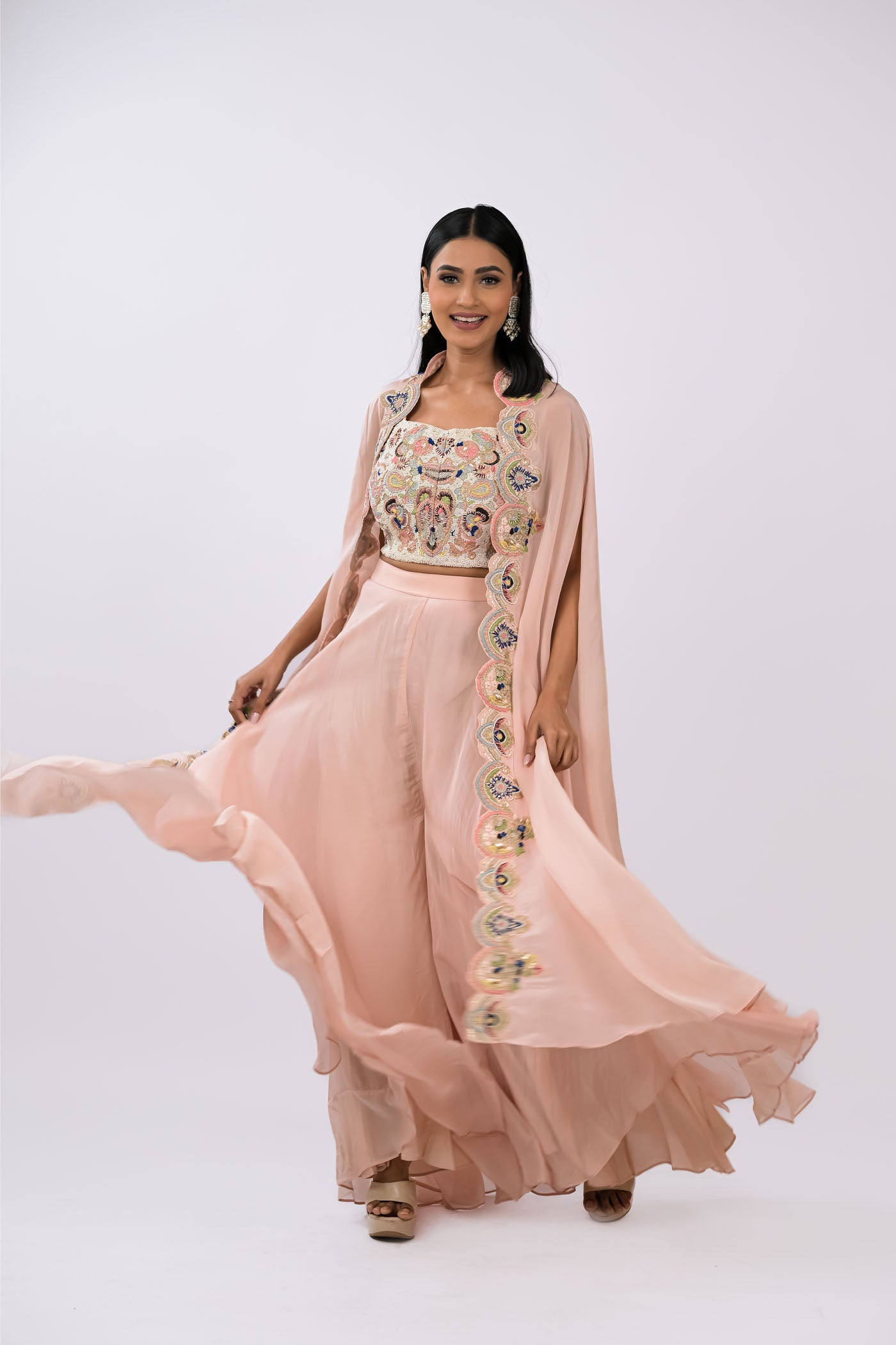 Blush Rose Embroidered Cape Set