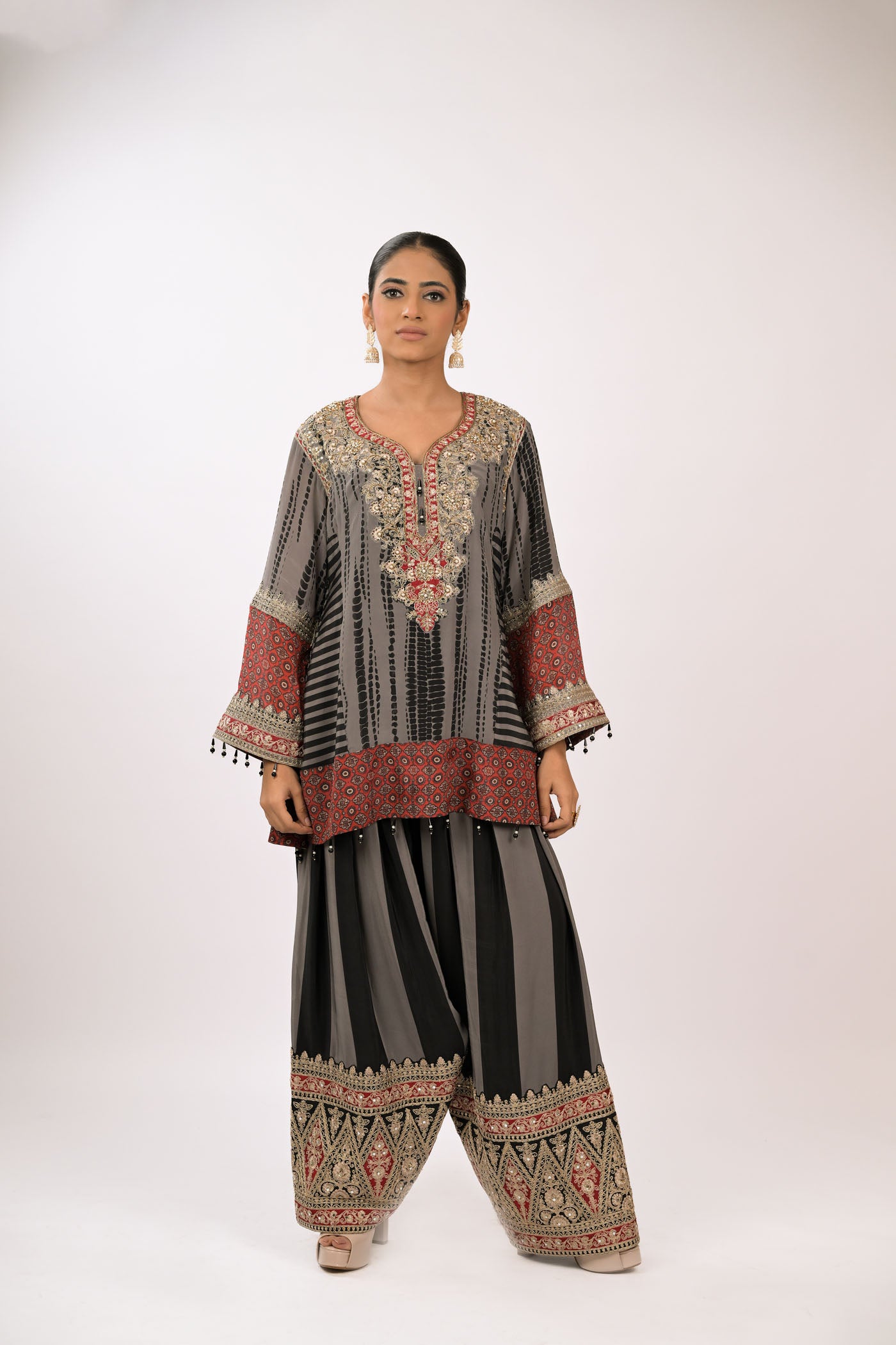 Charcoal Garnet Embroidered Kurta Set