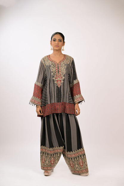 Charcoal Garnet Embroidered Kurta Set