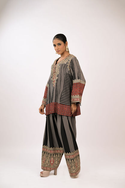 Charcoal Garnet Embroidered Kurta Set