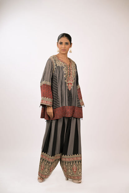 Charcoal Garnet Embroidered Kurta Set