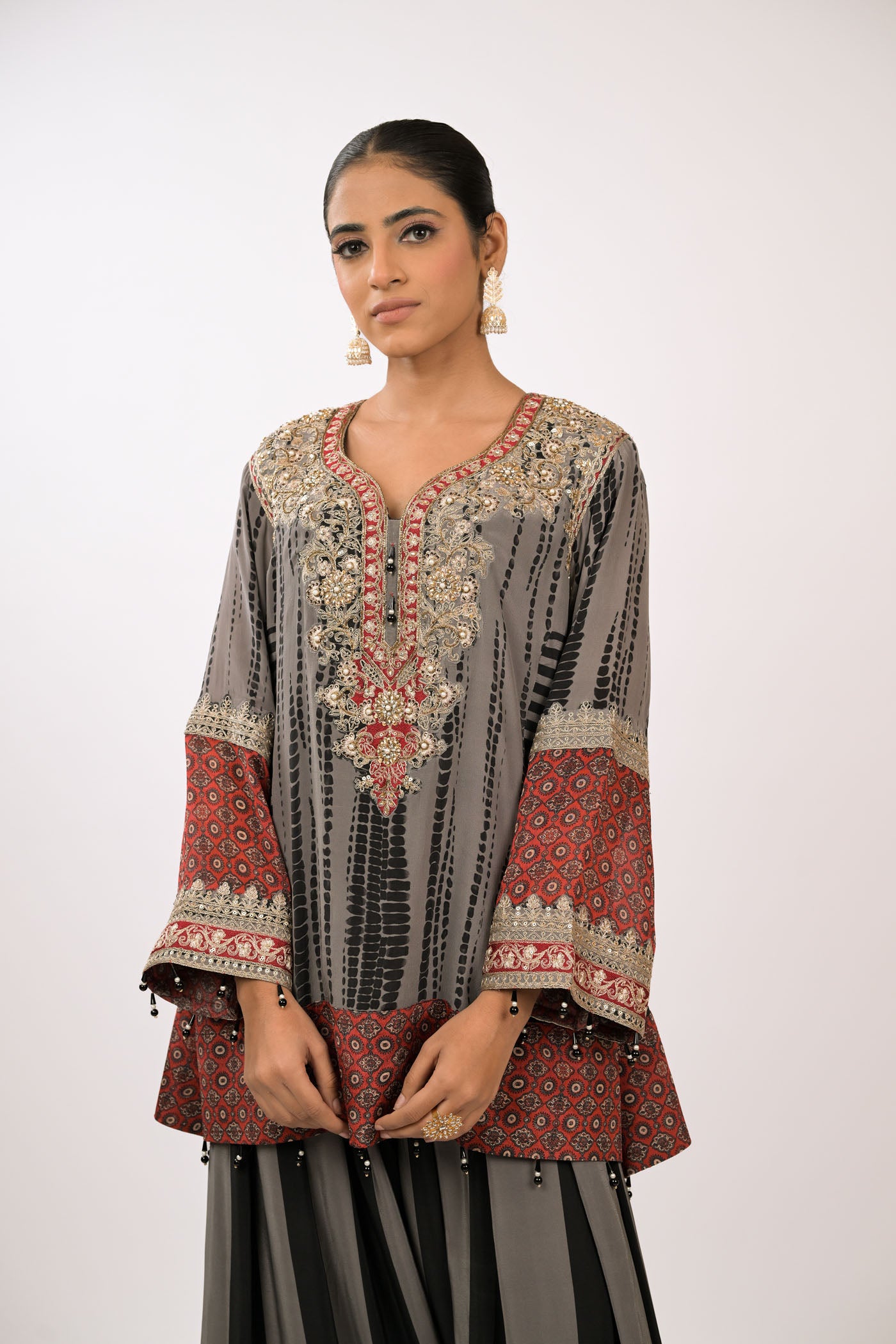 Charcoal Garnet Embroidered Kurta Set