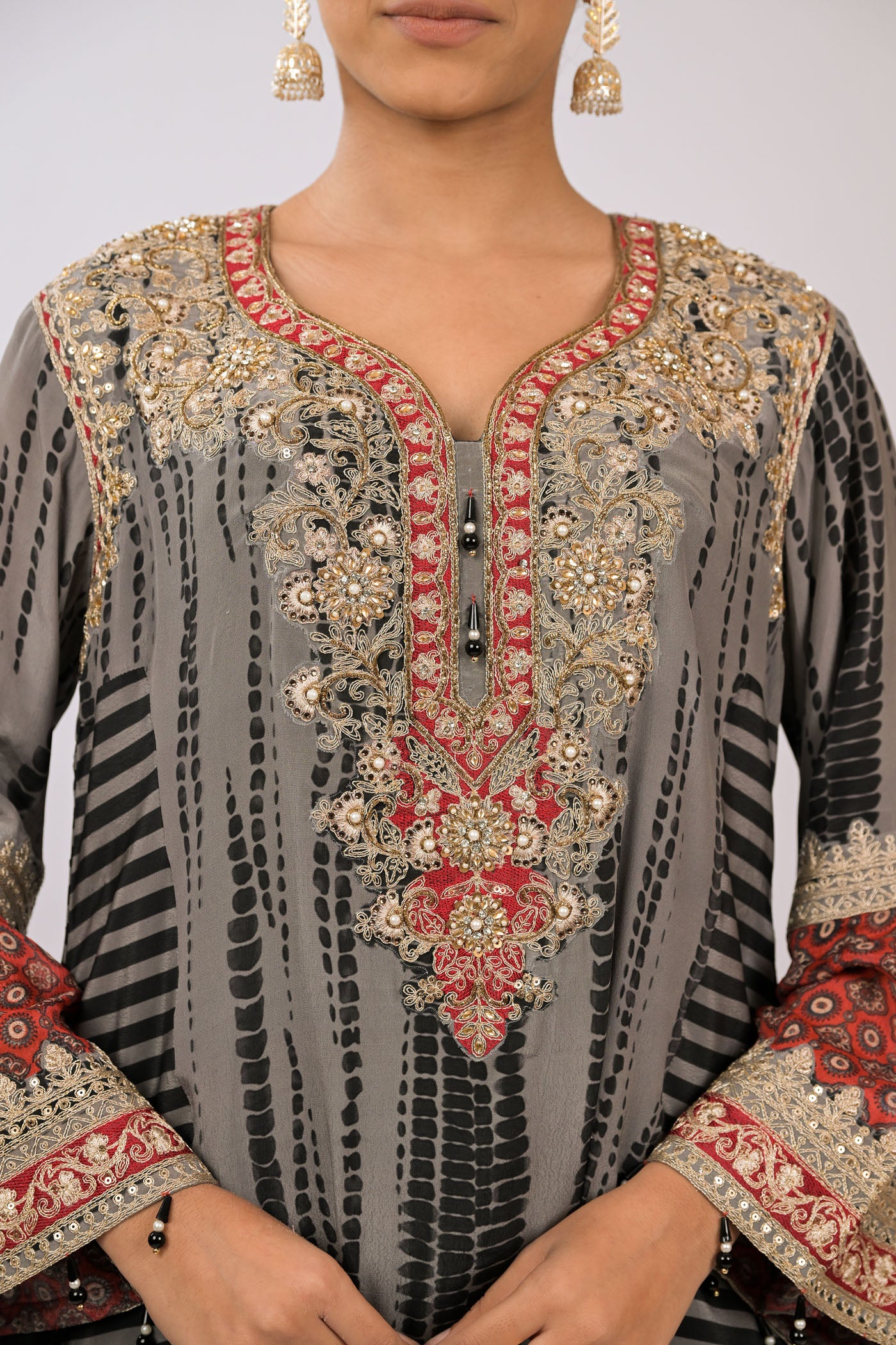 Charcoal Garnet Embroidered Kurta Set
